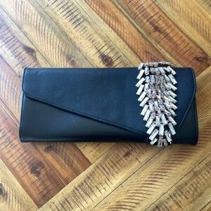 Natasha Black Envelope Clutch w/ Crystal Accent & Chain Strap
